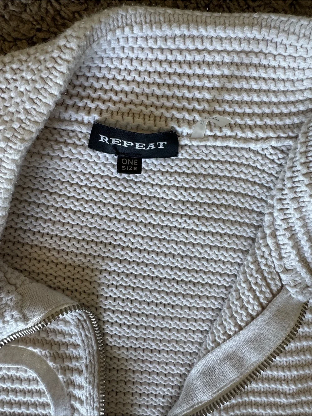 REPEAT Cream Knit Zip-Front Short Sleeve Cardigan O/S - Picture 2 of 7